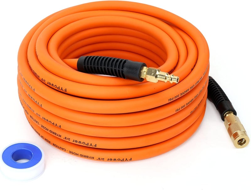 FYPower Air Compressor Hose 3/8 Inch x 50 Feet Hybrid Hose with Fittings, Flexible and Kink Resistant, 1/4" Industrial Quick Coupler and Plug Kit - Image 1